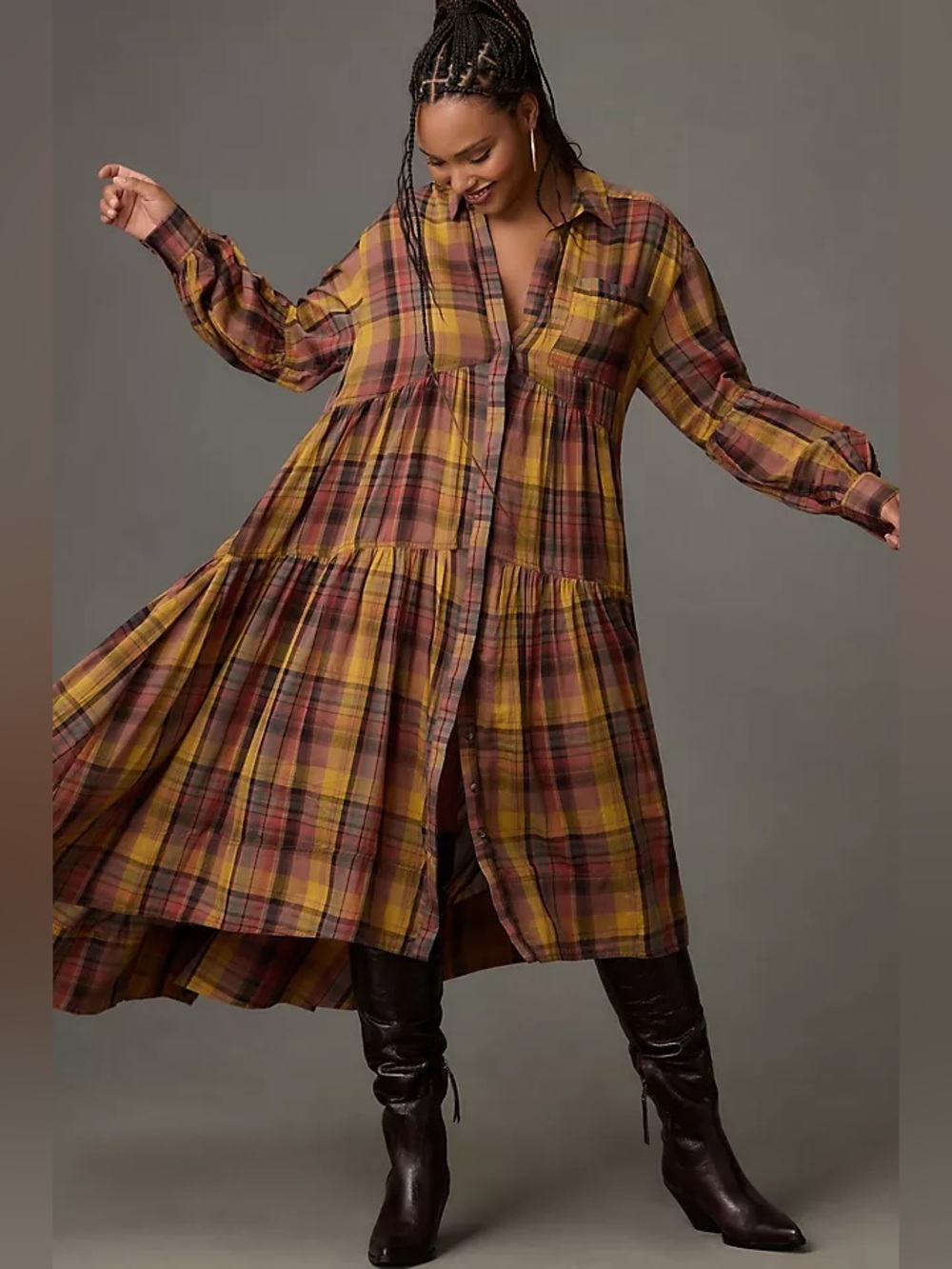 Anthropologie | pilcro Plaid Tiered Button-Front Dress in Mustard and Deep Red - Picture 3 of 15